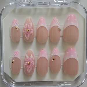 3D Pink Floral & Polka Dot Press On Nails - Coquette Aesthetic - Size Medium